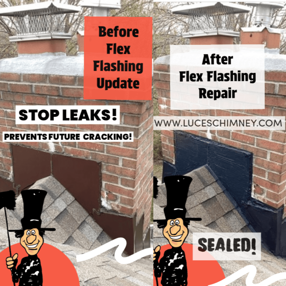 Before and After images of Flexible Flashing Repair for the Chimney by Luce's Chimney and Stove Shop