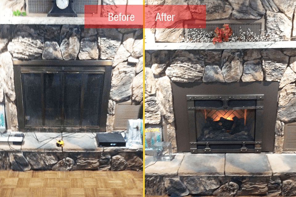 Fireplace insert update. Before and after images of adding a new fireplace insert. Sales and installation by Luce's Chimney and Stove Shop, near Toledo, in Swanton, Ohio.