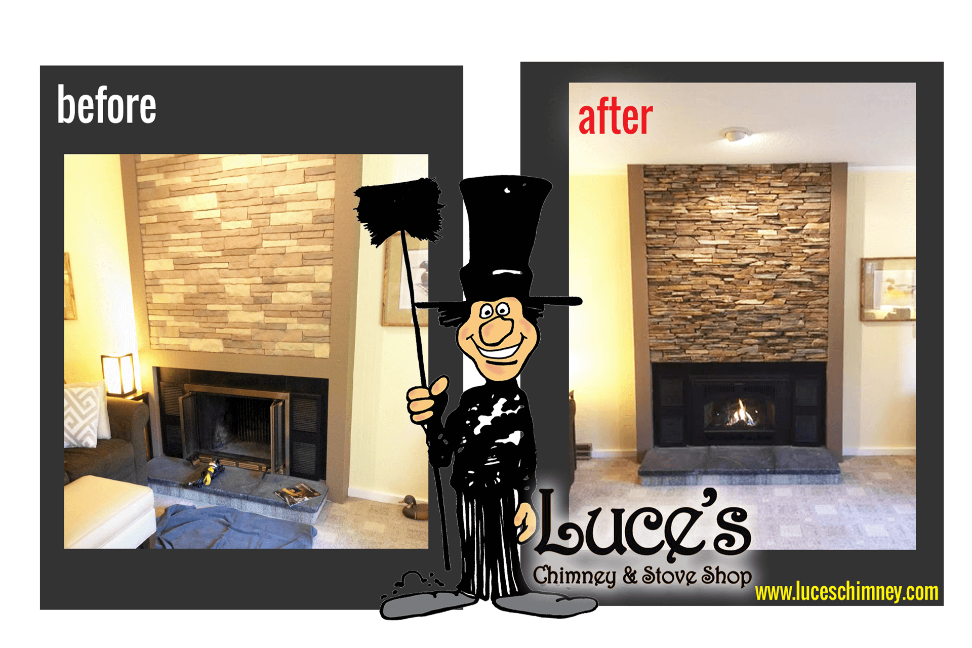 Fireplace updates, before and after fireplace remodeling and custom fireplace stonework by Luce's Chimney & Stove Shop in Swanton OH, serving Ohio, Michigan and Indiana.