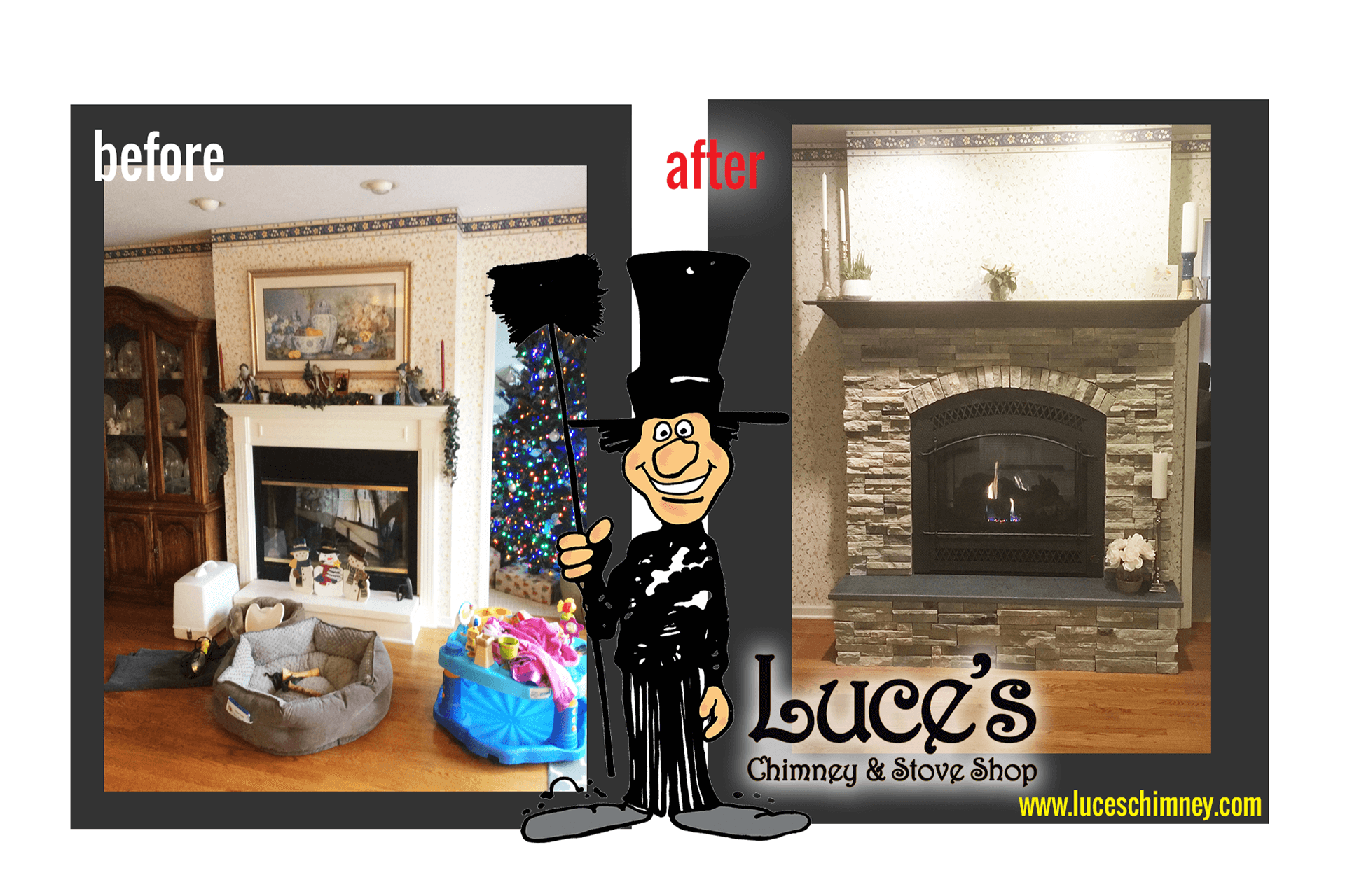 Fireplace remodeling ideas, a before & after updated fireplace, including custom fireplace rock, from Luce's Chimney & Stove Shop.