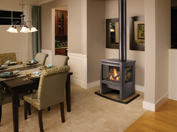 Steel gas heating stoves available at Luce's Chimney and Stove Shop.