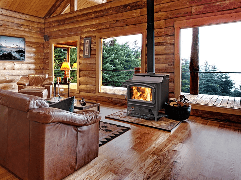 Freestanding wood burning stove with large glass face, available at Luce's Chimney and Stove Shop in Swanton OH.